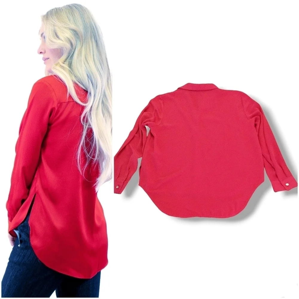 Michael Kors Crimson Button Front Blouse Gold Buttons Long Sleeve L - Picture 2 of 6